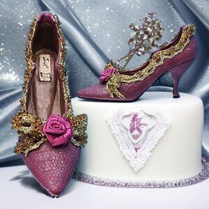 Victorian Purple Shoe Ornaments with Roses Gold Trim Ribbons Old Hollywood Style